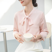 女长袖 2026春装 缎面衬衫 樱花粉法式 设计感蝴蝶结飘带气质衬衣 新款