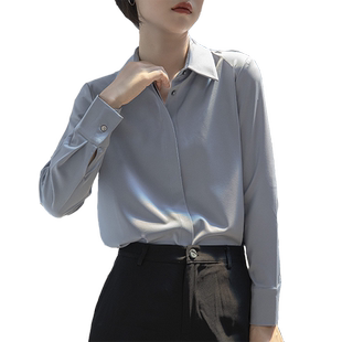 蓝色缎面衬衫女长袖上衣秋装法式别致高级感抗皱内搭轻熟职业正装