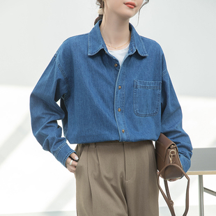 2025春季小个子蓝色牛仔衬衫女正肩内搭叠穿韩版衬衣