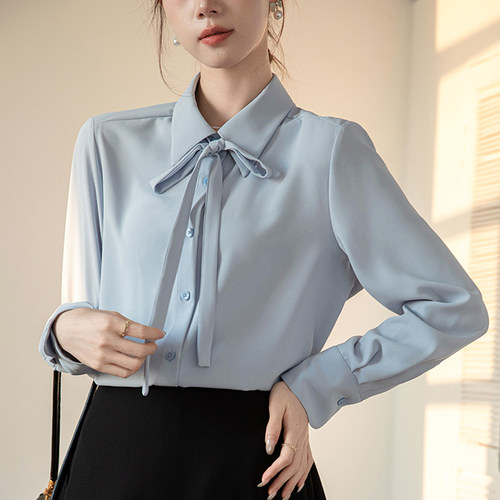 秋装新款蓝色衬衫女教师正肩蝴蝶结衬衣职业面试复试正装内搭上衣