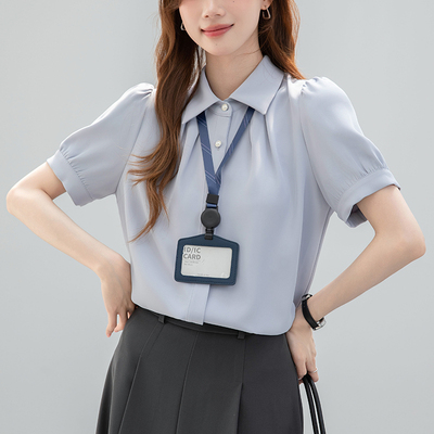 短袖衬衫女通勤缎面泡泡袖质感