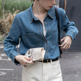 2025春季新款做旧浅蓝色软牛仔衬衫女百搭小个子正肩叠穿衬衣