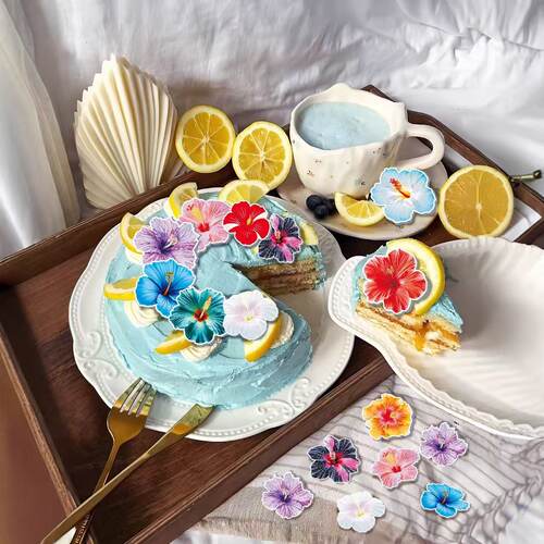 多彩芙蓉花生日蛋糕装饰糯米纸贴纸可食花朵食品级酒店纸艺点缀