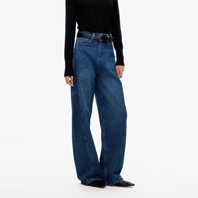 水洗高腰宽松阔腿弯刀牛仔裤女