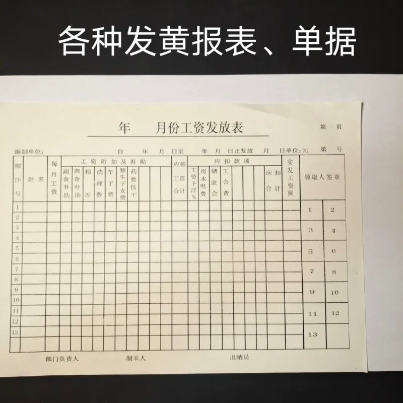 老旧工资表账目个人公司2000年老旧发黄工资发放老式考勤会计报表