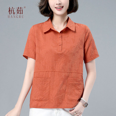 中年t2026短袖女纯棉领夏季上衣妈妈polo文艺减龄新款大码恤宽松