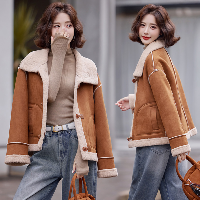 时尚休闲皮毛一体羊羔毛外套女2025冬新款韩系立领短款鹿皮绒棉服