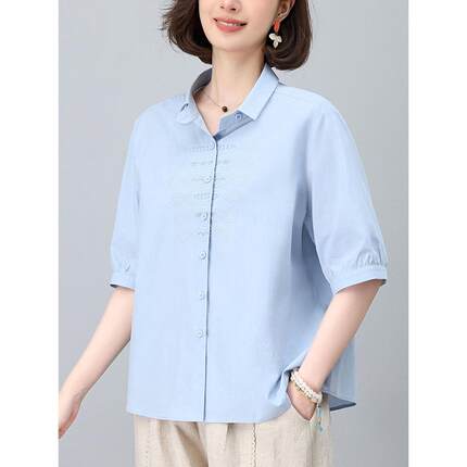 宽松女中老年新款纯棉套装休闲短袖时尚凉感夏装衬衫妈妈两件2025