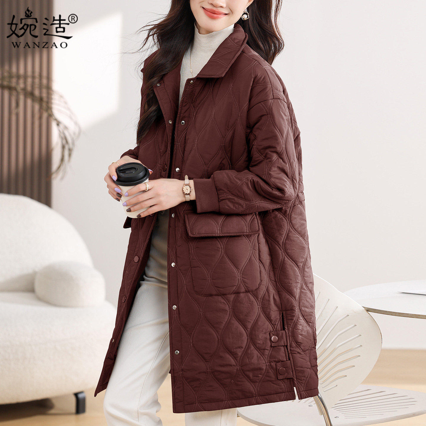 中长版轻薄棉衣棉服女2025秋冬新款宽松休闲中年妈妈菱格铺棉外套,女装/女士精品,棉衣/棉服,淘宝优惠券,粉丝福利购,淘宝优惠卷