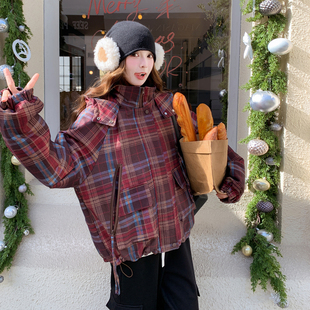 现货户外连帽格纹夹棉加厚棉服2904P195K308