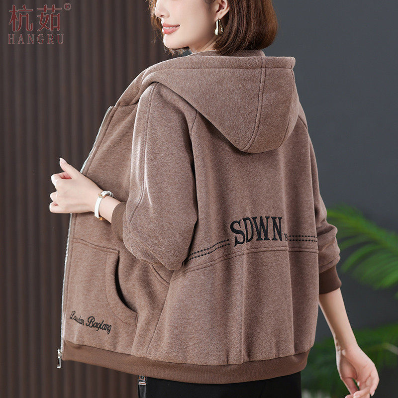 中老年减龄连帽妈妈宽松大码2025外套卫衣绣花新款休闲女拉链春秋