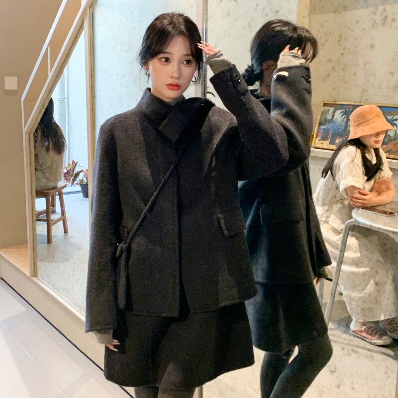 一整套深冬季穿搭韩系温柔高级感套装气质双面羊绒呢子大衣两件套