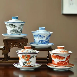 德化陶瓷三才盖碗茶具茶碗泡茶器粉彩白瓷单个家用盖杯手抓泡茶壶