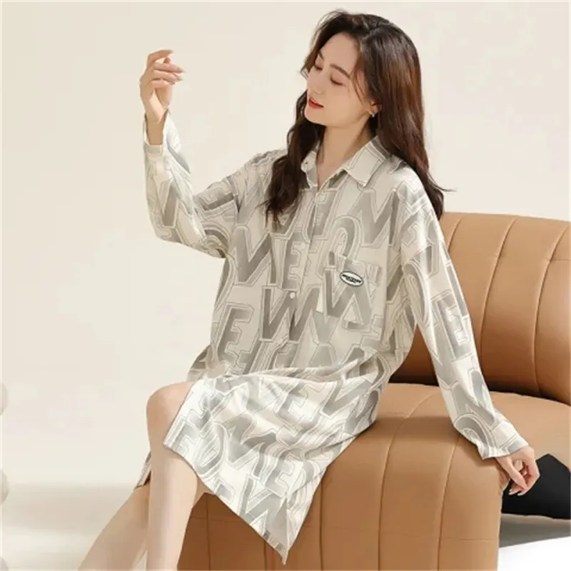 睡裙女2024秋季新款长袖开衫翻领衬衫裙外穿纯欲性感家居服中长裙