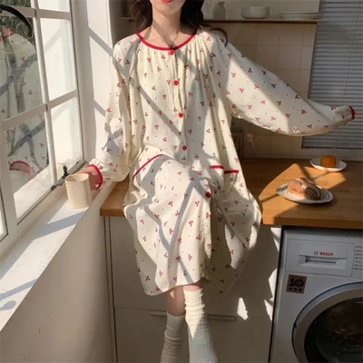 春季新款云朵棉圆领开衫长袖睡裙  睡衣女  带胸垫不可拆卸