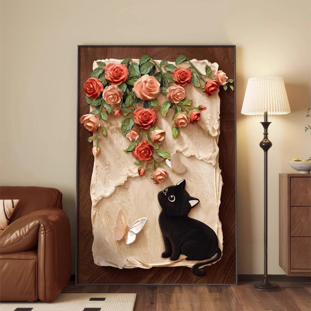 kc中古风猫咪客厅玫瑰花卉装饰画