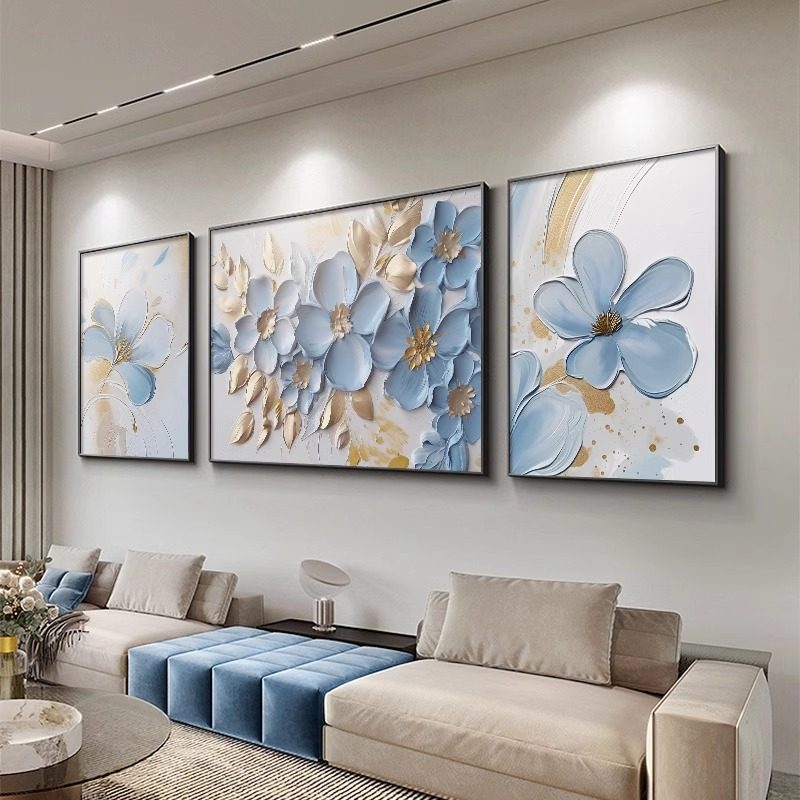 奶油风花卉客厅装饰画大芬村油画肌理高级感沙发背景墙壁挂画三联,家居饰品,现代装饰画,淘宝优惠券,粉丝福利购,淘宝优惠卷
