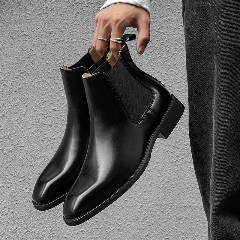 时尚新款英伦男士尖头皮鞋套脚中高帮商务正装发型师切尔西短靴子