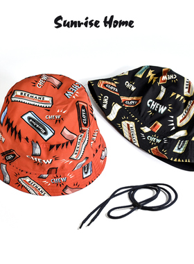 日出的家原创设计双面戴印花盆帽 红色潮酷渔夫帽遮阳挡雨防风帽