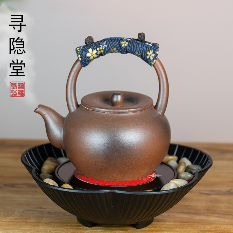 中式柴烧粗陶提梁侧把壶煮水煮茶耐高温火山石围炉煮茶壶炭炉套装