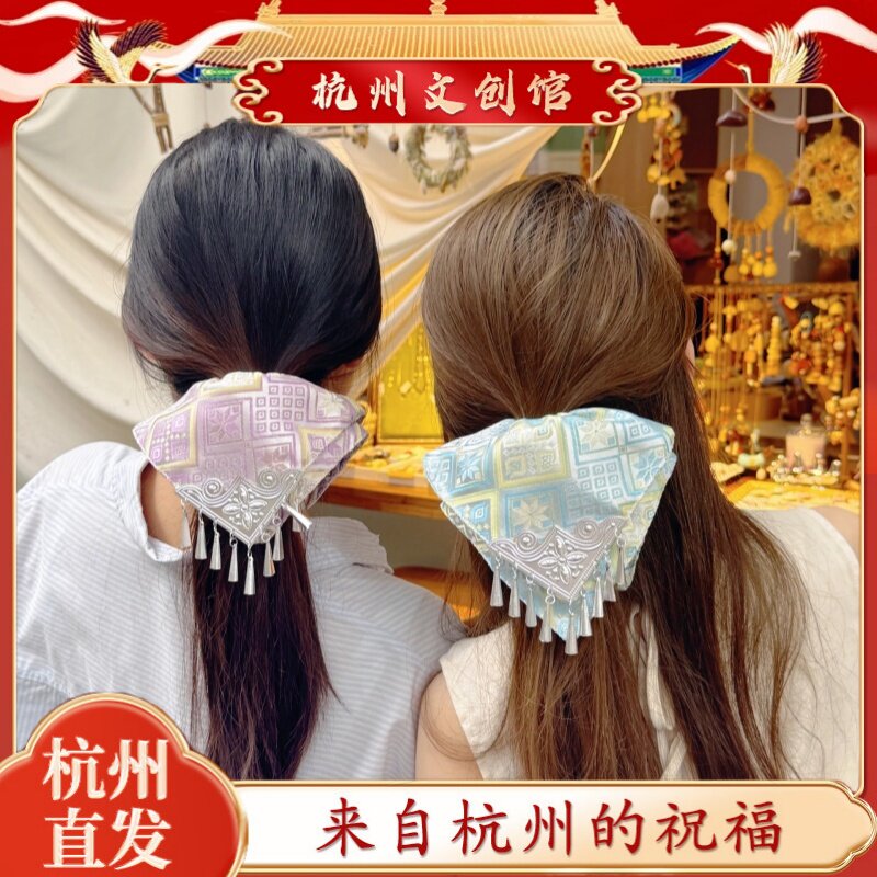 杭州步步生银非遗壮锦手工发圈女饰品国风苗银流苏文创发夹礼品图片