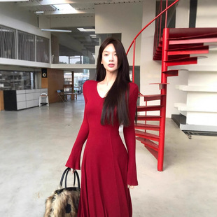 长裙气质温柔 圣诞韩系V领修身 念卿雅12YE 红色针织连衣裙女冬季