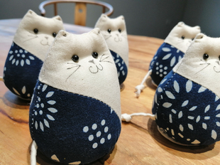 招财猫玩具摆件 手绘日式 南通特产手工蓝麒麟蓝印花布blue calico