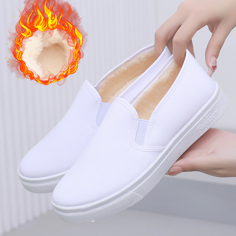 2025秋冬新款加绒小白鞋百搭保暖板鞋学生白鞋棉鞋平底男女工作鞋