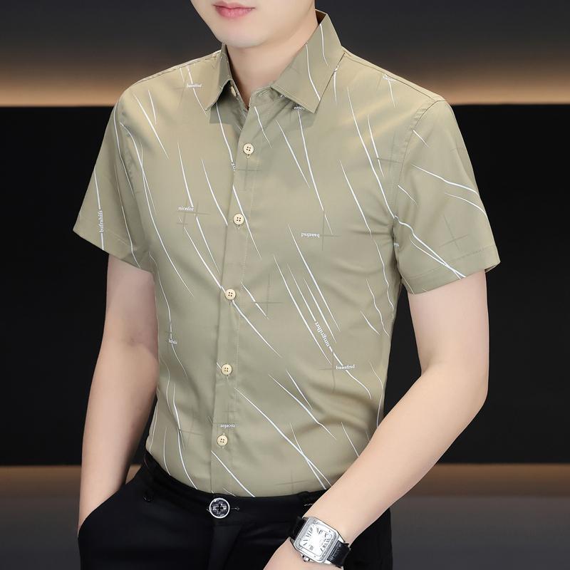高端男士翻领短袖衬衫潮流夏季薄款痞帅印花衬衣冰丝凉感半袖上衣
