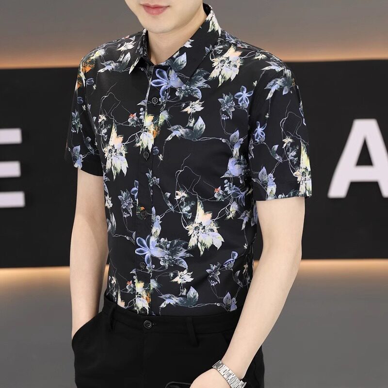 夏季高端男士冰丝短袖衬衫2026新款中国风潮流碎花翻领设计感衬衣