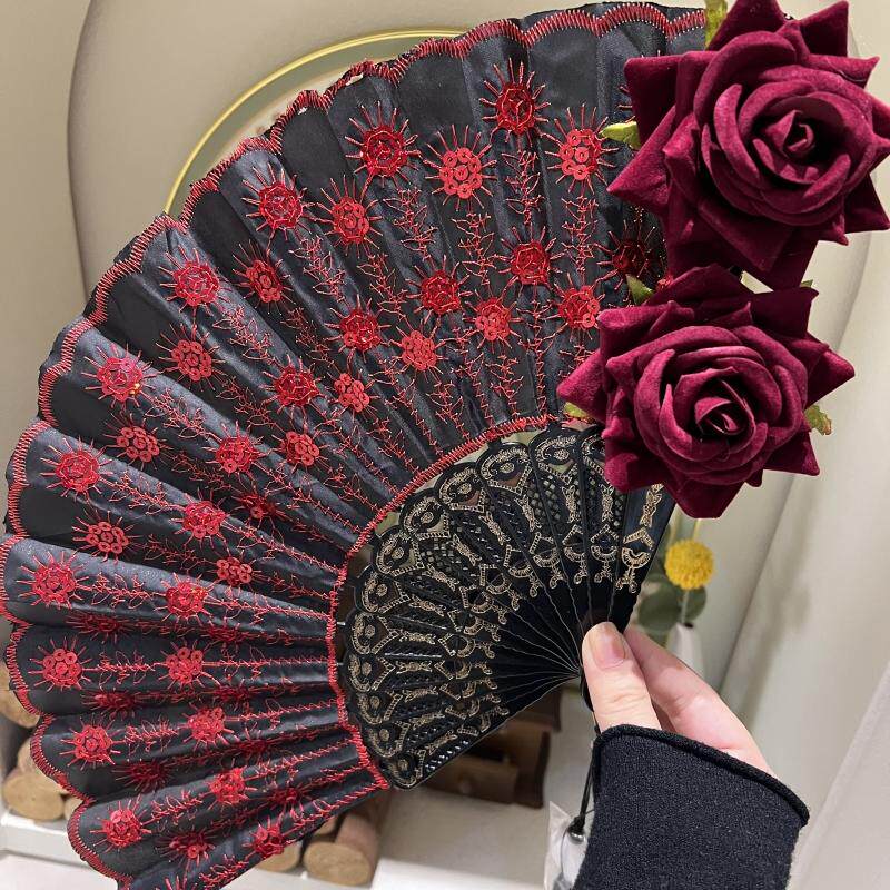 原创 印花刺绣边古典蕾丝绸布玫瑰花芭蕾折扇子女士古装扇 cos