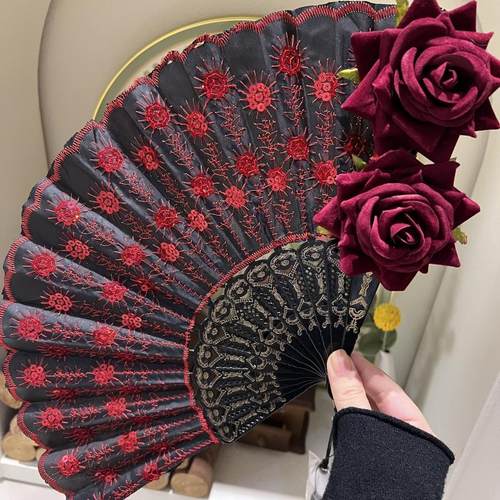 原创 印花刺绣边古典蕾丝绸布玫瑰花芭蕾折扇子女士古装扇 cos