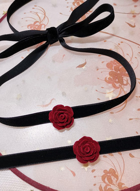原创 复古红色山茶花颈带项圈短款锁骨链ins风性感绑带美背百搭
