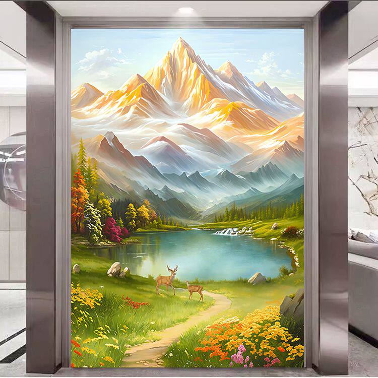 日照金山聚宝盆玄关装饰画 画招财背有靠山风水墙贴壁画 画进门自
