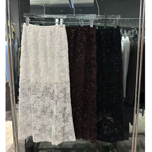 2026夏新百搭浪漫蕾丝风松紧腰镂空绣花亮片中长款半身裙时尚洋气