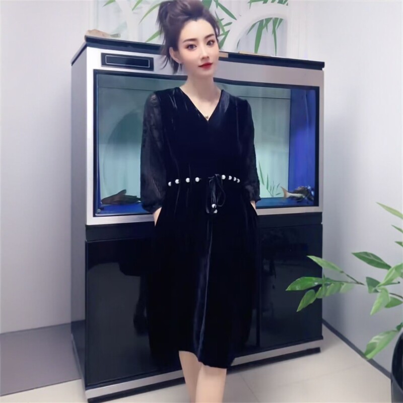 七分袖提花串珠丝绒连衣裙松紧腰遮肚显瘦时尚气质百搭减龄中长裙