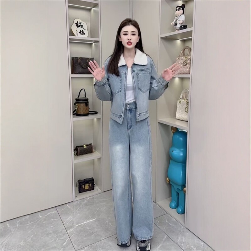 冬季新款牛仔休闲套装女拉链短款上衣高腰直筒裤加绒保暖两件套女