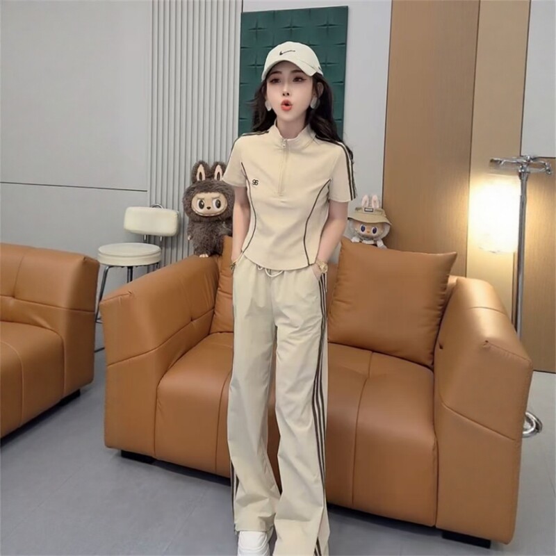 夏季新款条纹休闲套装女半拉链短袖上衣松紧腰弯刀裤速干两件套女