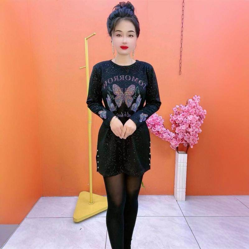 中长款满天星亮钻大版衫女侧开叉宽松遮肚加绒加厚减龄保暖上衣女