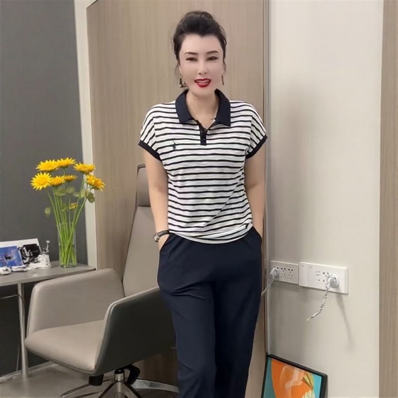 夏季新款短袖POLO领条纹小衫女宽松遮肚舒适透气时尚减龄百搭T恤.