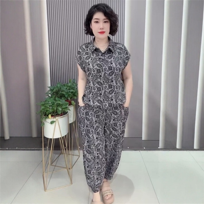 女士休闲套装夏季新款中老年宽松遮肚显瘦时尚洋气减龄清凉两件套