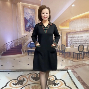 春秋款拼色盘口复古连衣裙宽松遮肉显瘦时尚百搭休闲中长款打底裙
