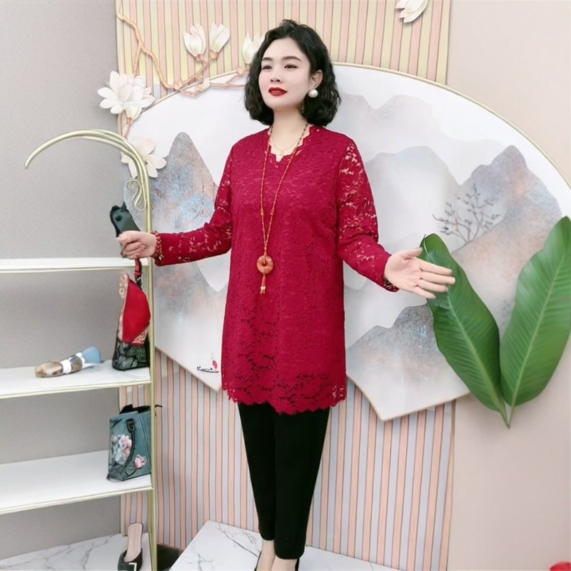 早春新款中长款双层蕾丝衫宽松遮肚显瘦时尚气质减龄百搭纯色小衫