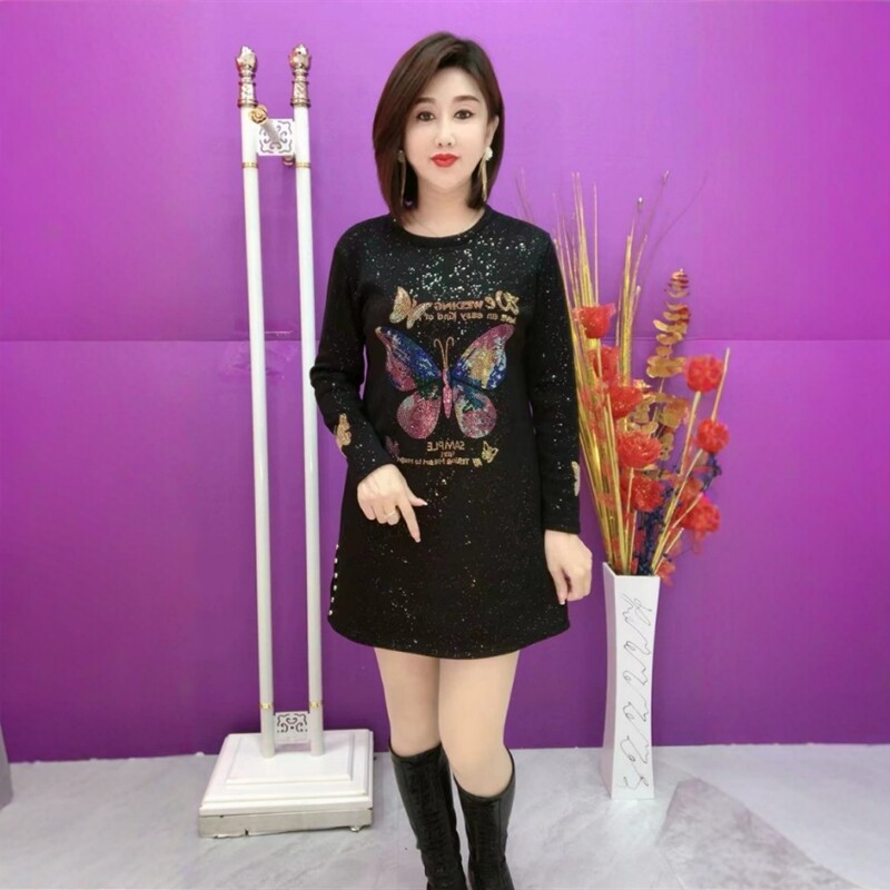 冬季新款加绒加厚大版衫女宽松遮肚显瘦亮钻钉珠时尚中长款妈妈装