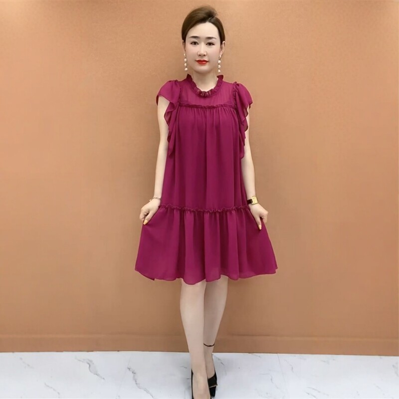 夏季新款纯色飞飞边连衣裙宽松遮肚清凉透气时尚减龄轻熟风网纱裙