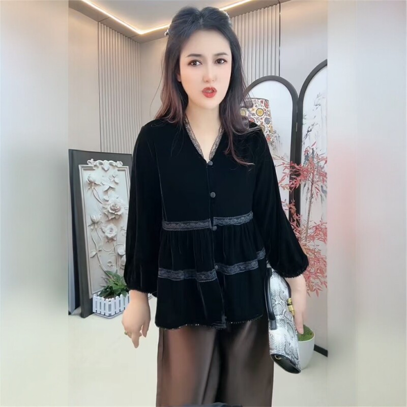 秋季新款国风丝绒女士小衫遮肚显瘦时尚气质九分袖蕾丝边串珠上衣