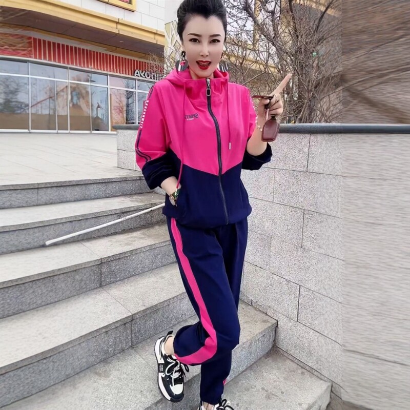春季新款休闲运动套装女拉链连帽撞色上衣束脚长裤时尚减龄两件套