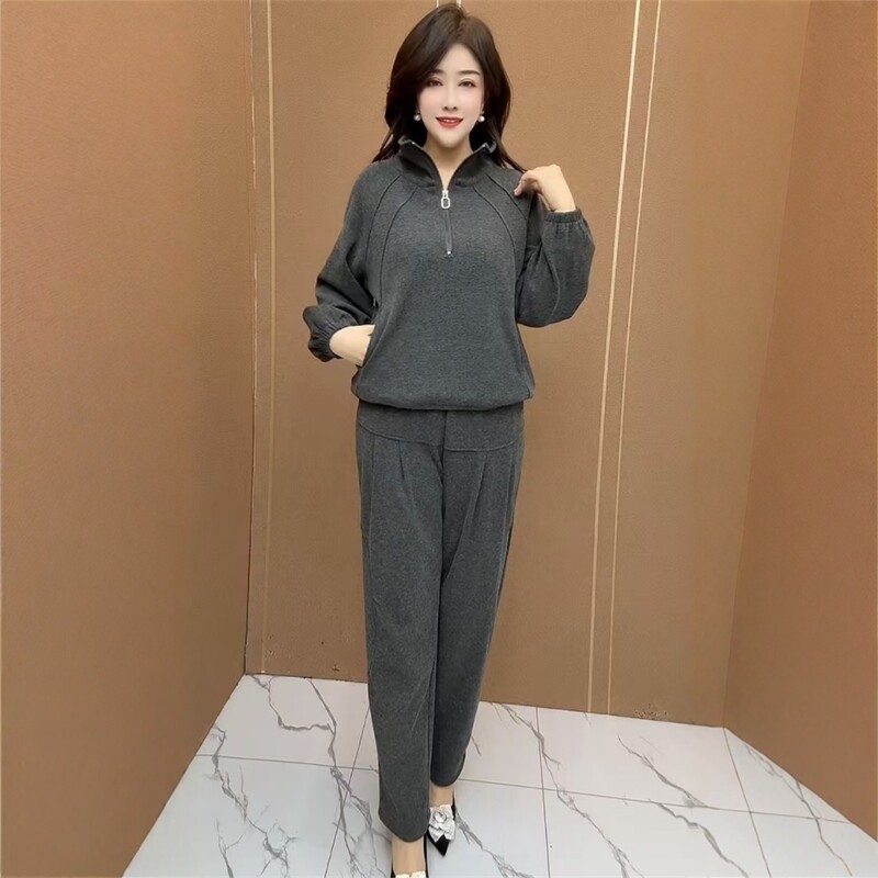 春季半拉链纯色休闲套装女侧插兜卫衣松紧腰萝卜裤洋气减龄两件套