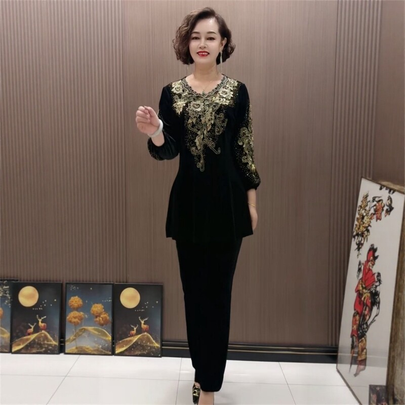 秋季新款丝绒时尚套装九分袖亮钻中长款上衣松紧腰长裤气质两件套