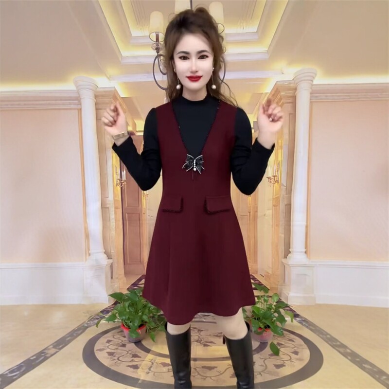 女士新款拼接假两件连衣裙遮肚显瘦时尚蝴蝶结洋气减龄百搭打底裙